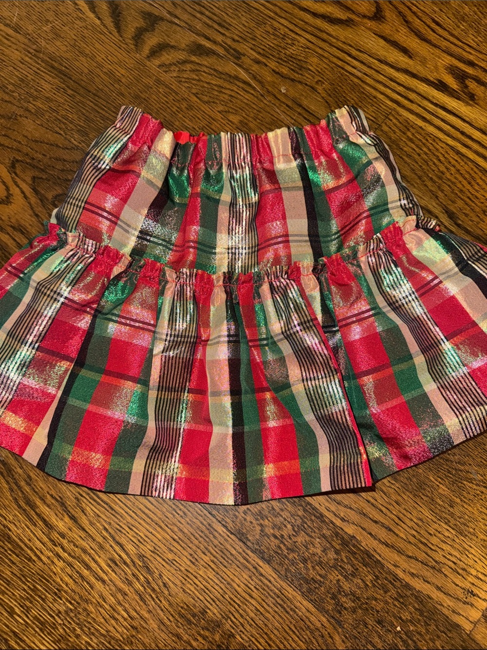 Bonnie Jean Red Lined shimmery skirt with Green and Gold Accents